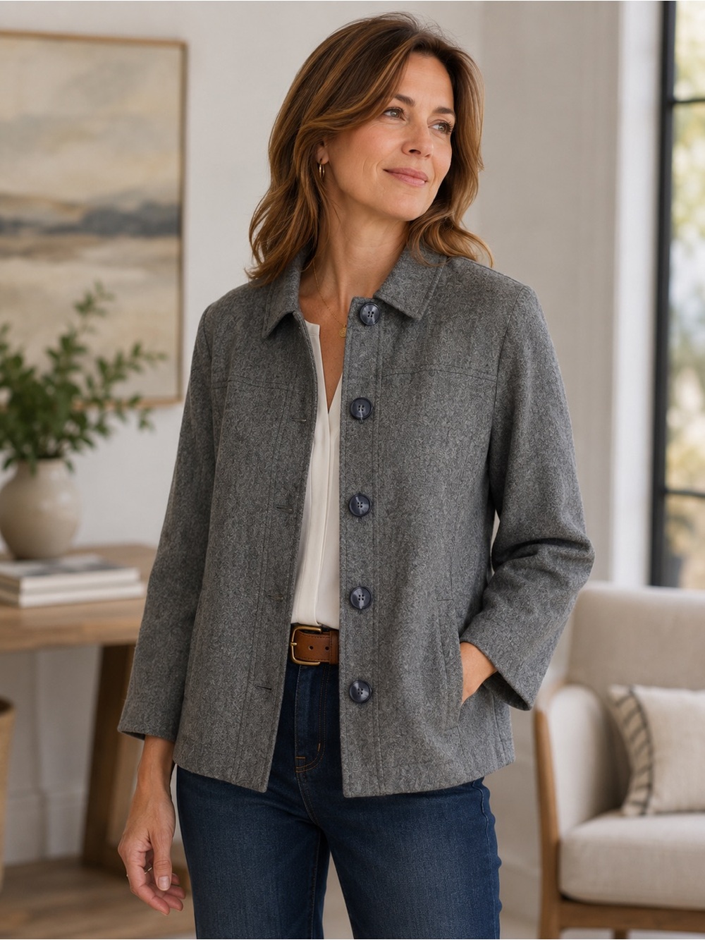 Appleseeds Womens Wool Silk Blend Jacket Gray Button Front Coat Size 12